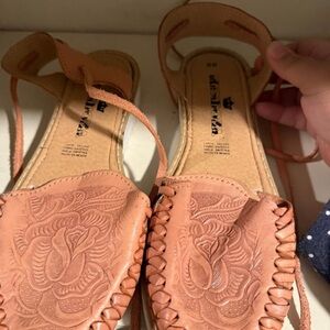 Hand-Tooled Floral Leather Moccasin Sandals in Tan